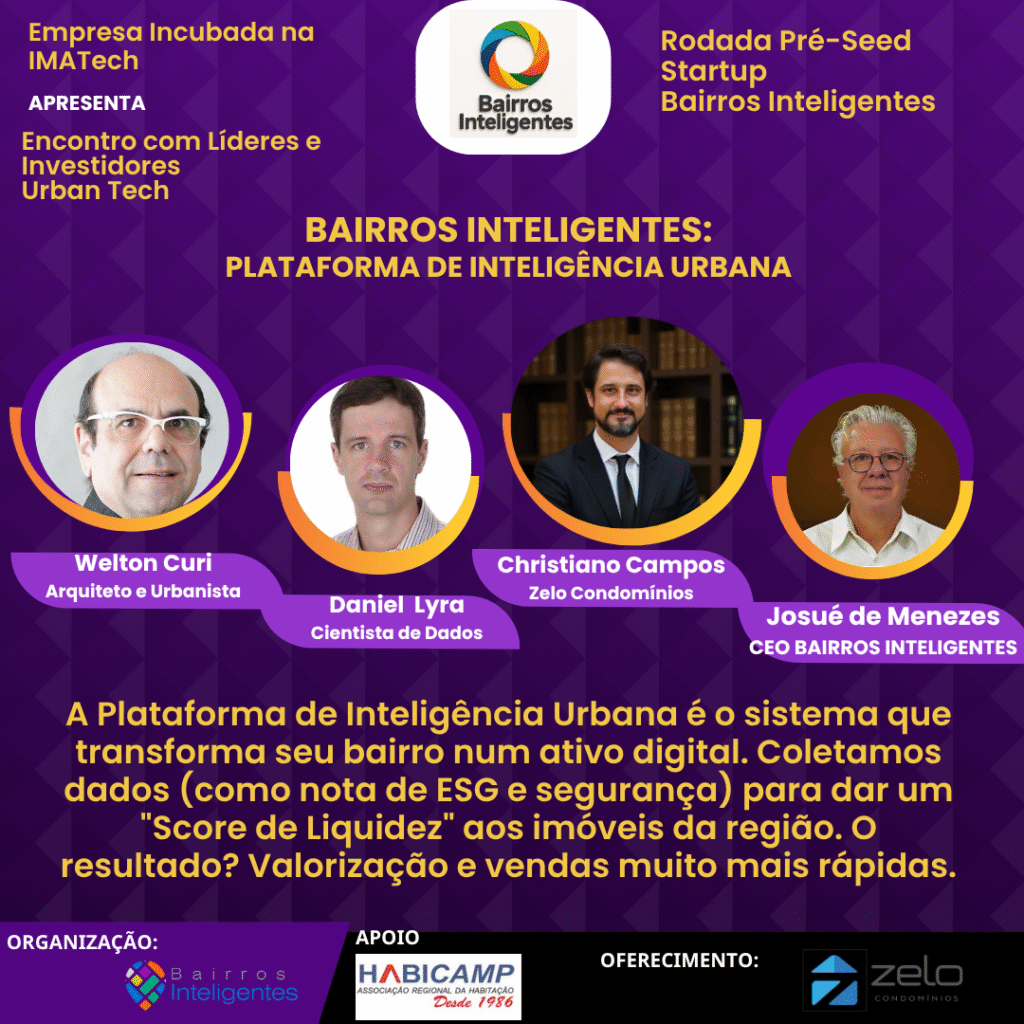 A Plataforma de Inteligência Urbana é o sistema que transforma seu bairro num ativo digital. Coletamos dados (como nota de ESG e segurança) para dar um "Score de Liquidez" aos imóveis da região. O resultado? Valorização e vendas muito mais rápidas.