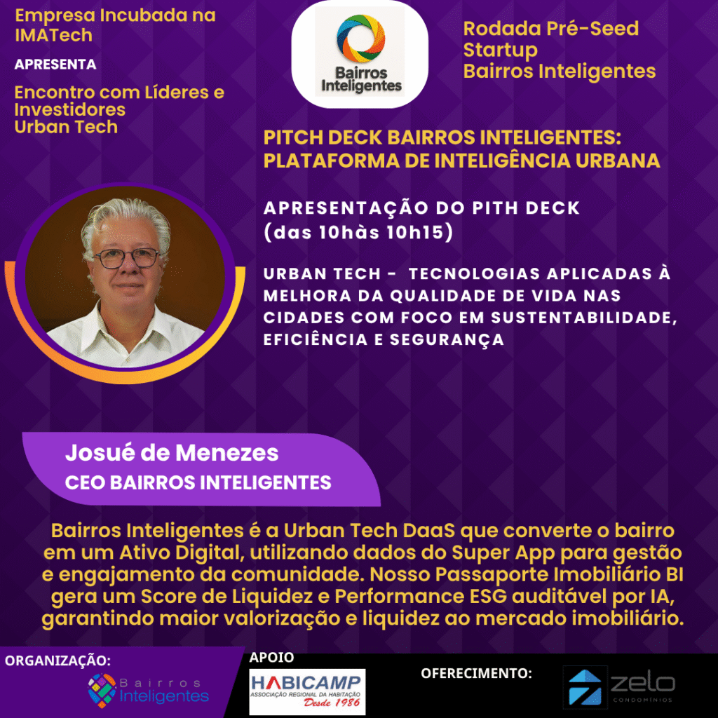 Bairros Inteligentes é a Urban Tech DaaS que converte o bairro em um Ativo Digital, utilizando dados do Super App para gestão e engajamento da comunidade. Nosso Passaporte Imobiliário BI gera um Score de Liquidez e Performance ESG auditável por IA, garantindo maior valorização e liquidez ao mercado imobiliário